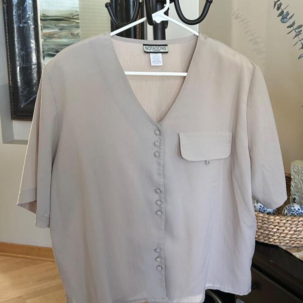 Vintage Notations Taupe Textured Button Front Blouse Short Sleeve Top 18W XL XXL